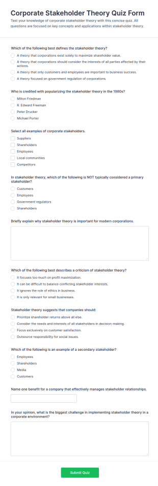 Corporate Stakeholder Theory Quiz Form Template