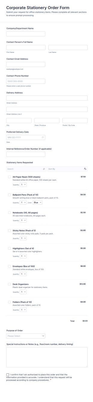 Corporate Stationery Order Form Template
