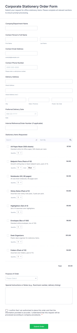 Corporate Stationery Order Form Template