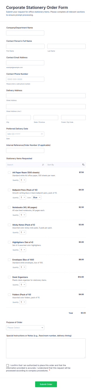 Corporate Stationery Order Form Template