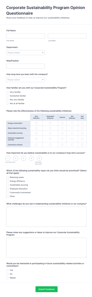 Corporate Sustainability Program Opinion Questionnaire Form Template