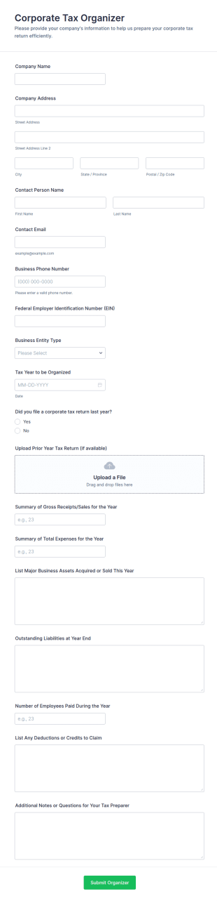 Corporate Tax Organizer Form Template