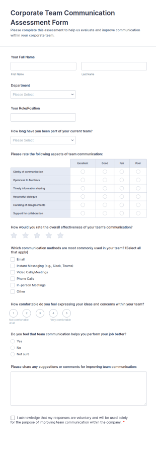 Corporate Team Communication Assessment Form Template