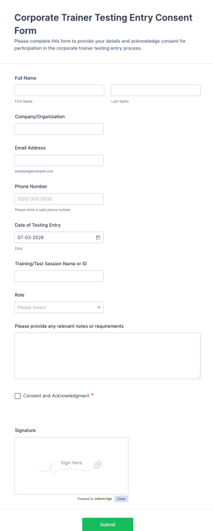 Corporate Trainer Testing Entry Consent Form Template