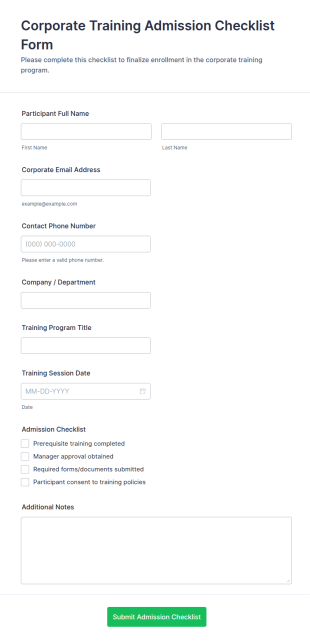 Corporate Training Admission Checklist Form Template