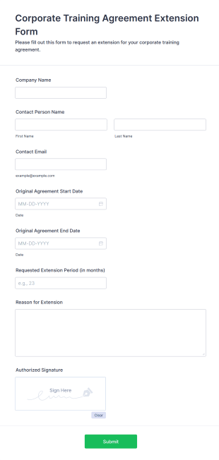 Corporate Training Agreement Extension Form Template
