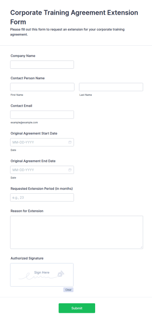 Corporate Training Agreement Extension Form Template