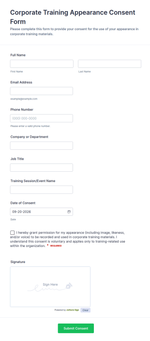 Corporate Training Appearance Consent Form Template