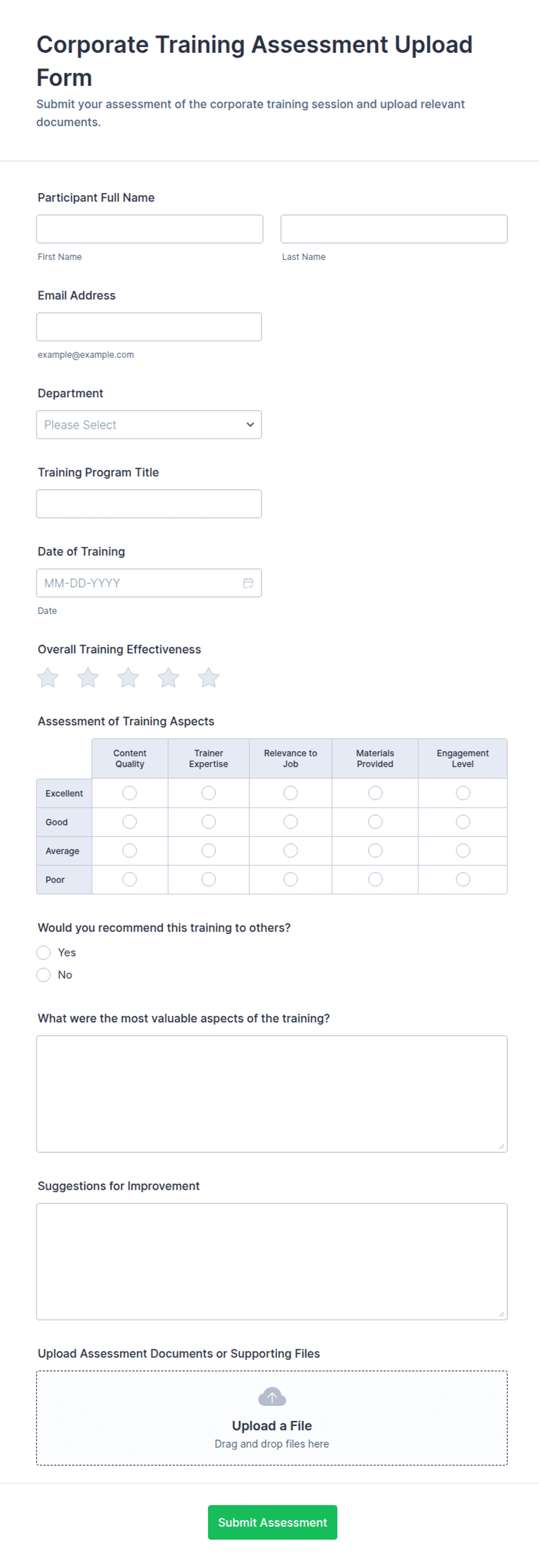 Corporate Training Assessment Upload Form Template | Jotform