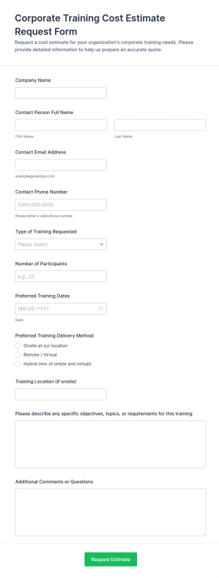 Corporate Training Cost Estimate Request Form Template