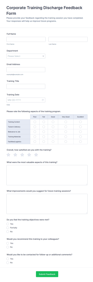 Corporate Training Discharge Feedback Form Template
