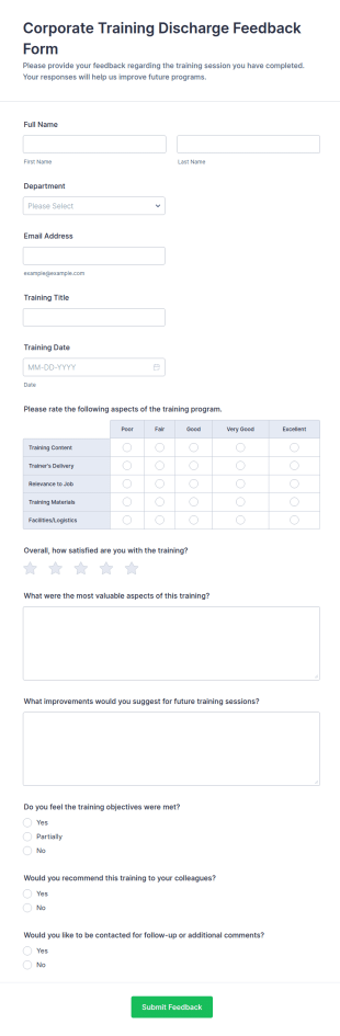 Corporate Training Discharge Feedback Form Template