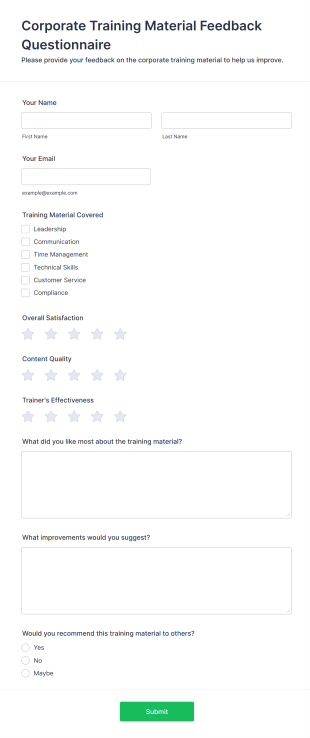 Corporate Training Material Feedback Questionnaire Form Template