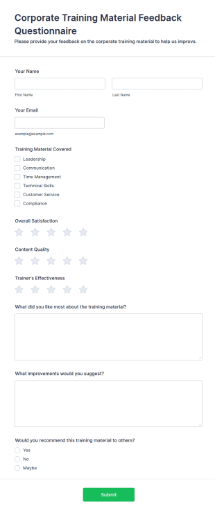 Corporate Training Material Feedback Questionnaire Form Template