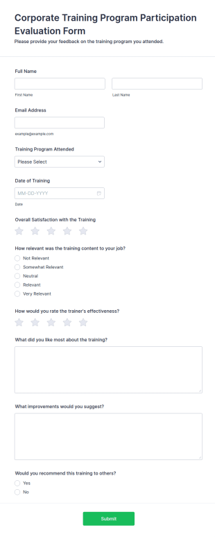 Corporate Training Program Participation Evaluation Form Template