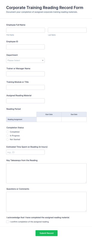 Corporate Training Reading Record Form Template