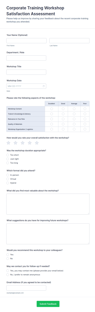 Corporate Training Workshop Satisfaction Assessment Form Template