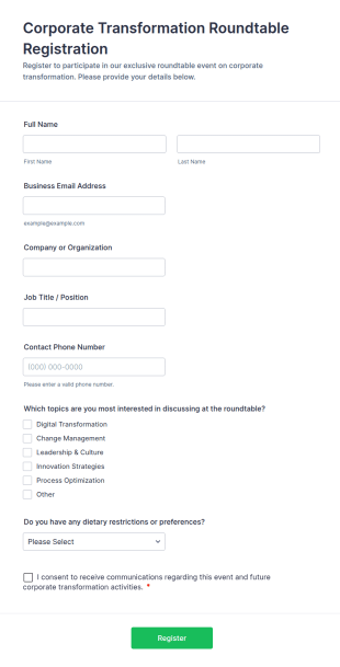 Corporate Transformation Roundtable Registration Form Template
