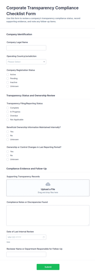Corporate Transparency Compliance Checklist Form Template