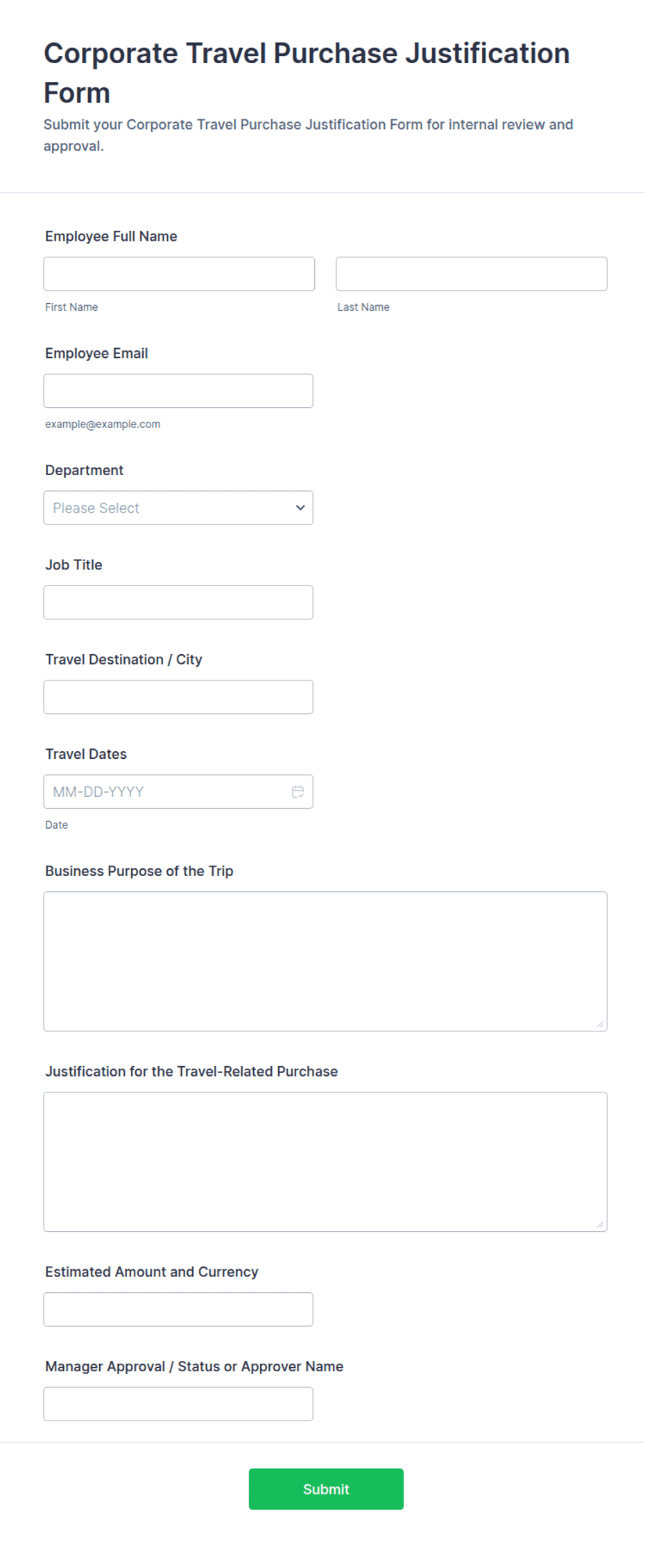 Corporate Travel Purchase Justification Form Template | Jotform