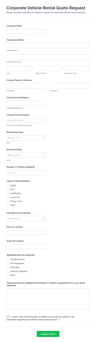 Corporate Vehicle Rental Quote Request Form Template
