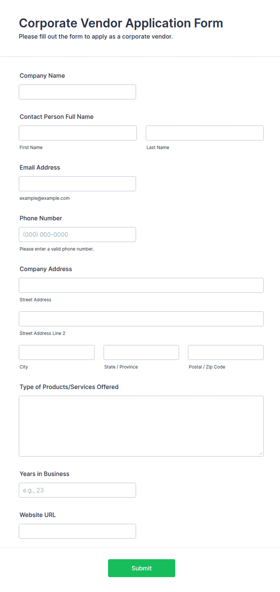 Corporate Vendor Application Form Template | Jotform
