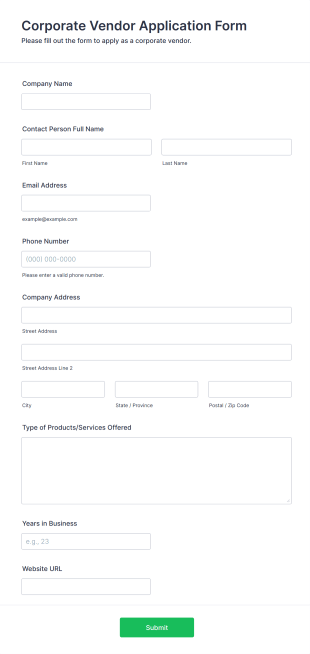 Corporate Vendor Application Form Template