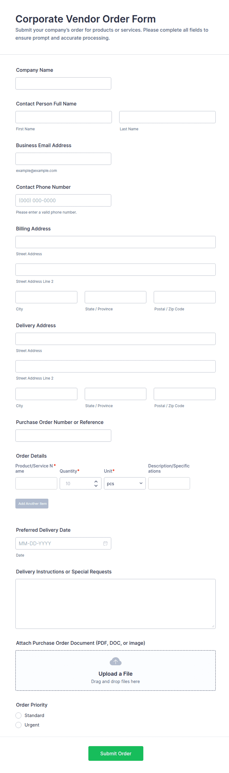 Corporate Vendor Order Form Template | Jotform