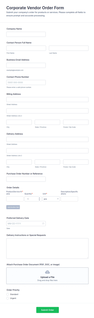 Corporate Vendor Order Form Template