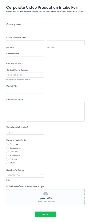 Corporate Video Production Intake Form Template