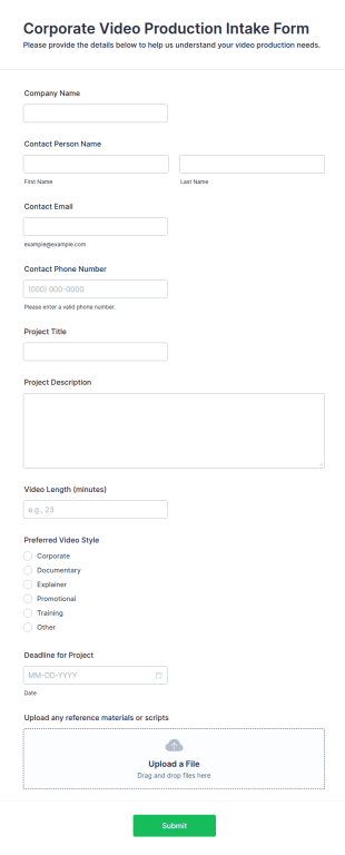Corporate Video Production Intake Form Template