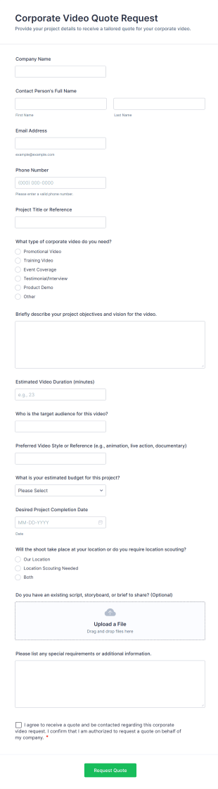 Corporate Video Quote Request Form Template