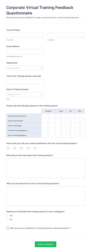 Corporate Virtual Training Feedback Questionnaire Form Template