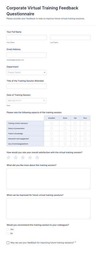 Corporate Virtual Training Feedback Questionnaire Form Template