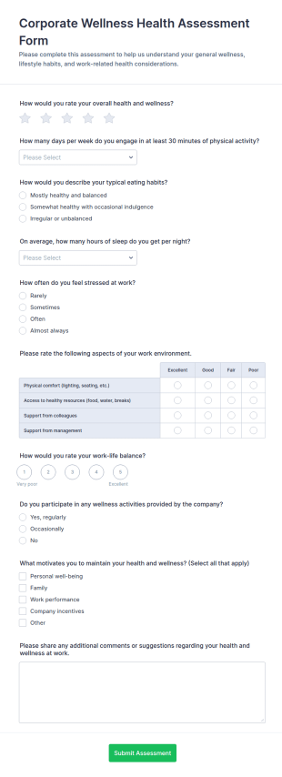 Corporate Wellness Health Assessment Form Template