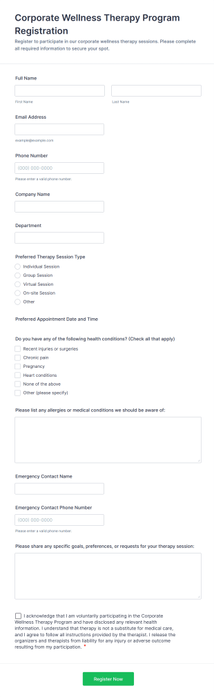 Corporate Wellness Therapy Program Registration Form Template