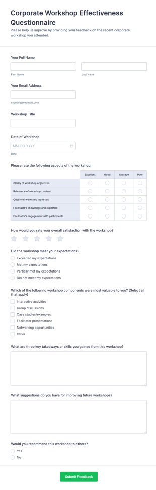 Corporate Workshop Effectiveness Questionnaire Form Template