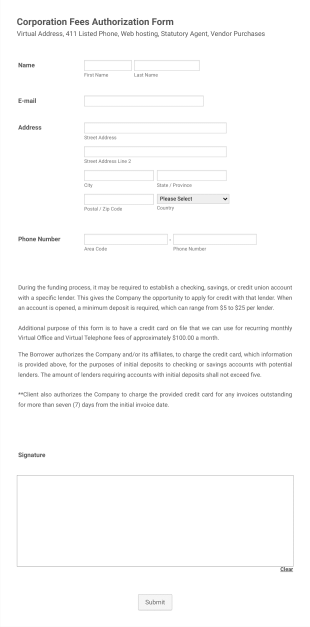 Corporation Fees Authorization Form Template