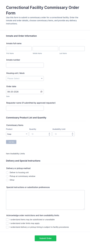 Correctional Facility Commissary Order Form Template