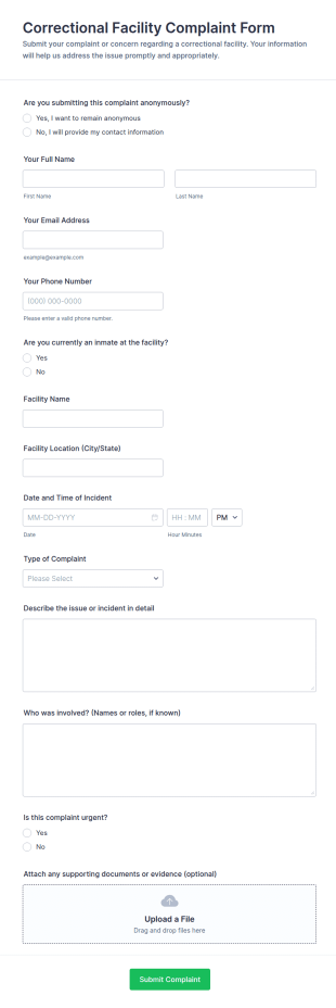 Correctional Facility Complaint Form Template