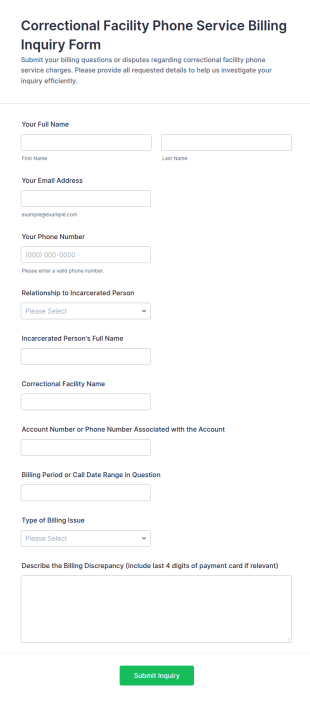 Correctional Facility Phone Service Billing Inquiry Form Template