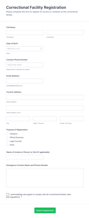 Correctional Facility Registration Form Template