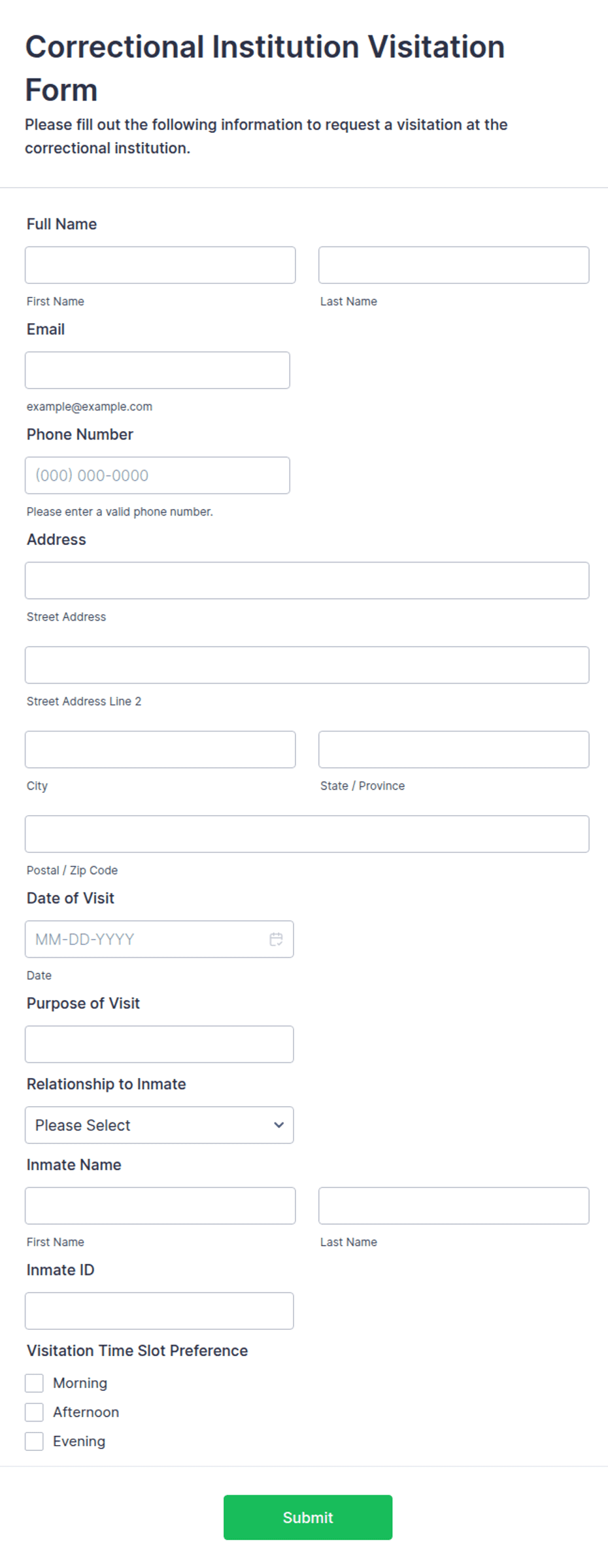 Correctional Institution Visitation Form Template | Jotform