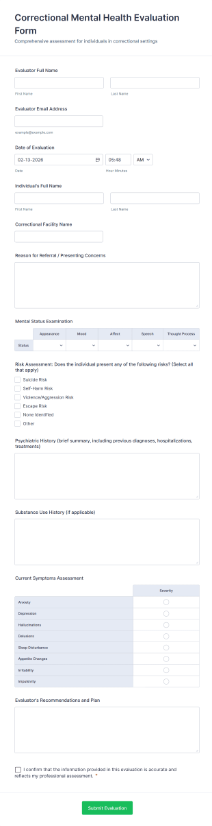 Correctional Mental Health Evaluation Form Template