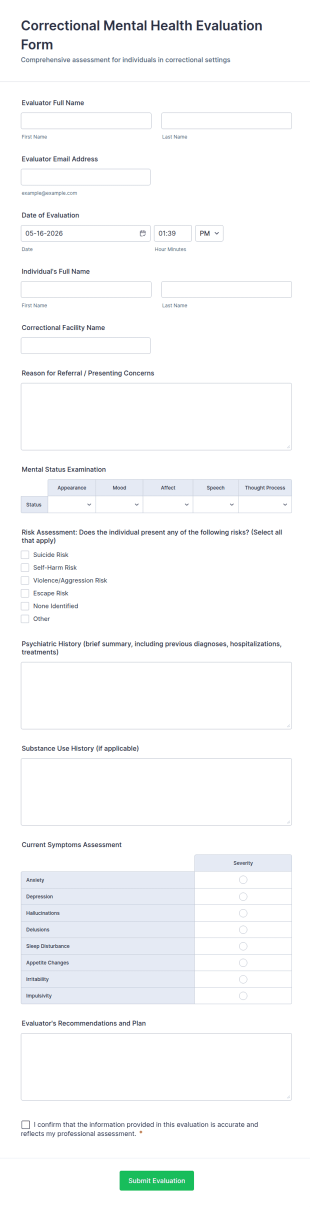 Correctional Mental Health Evaluation Form Template