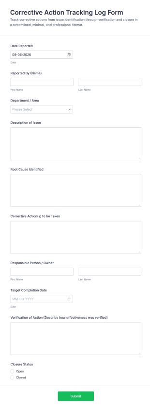 Corrective Action Tracking Log Form Template