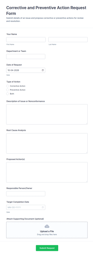 Corrective And Preventive Action Request Form Template