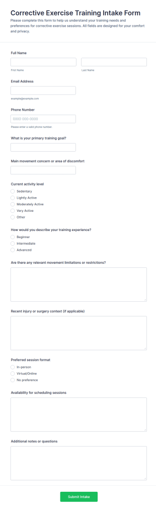 Corrective Exercise Training Intake Form Template