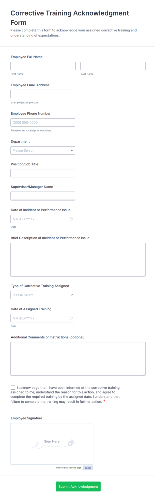 Corrective Training Acknowledgment Form Template