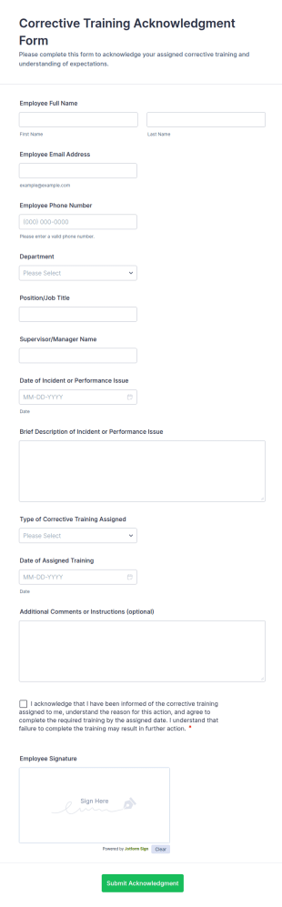 Corrective Training Acknowledgment Form Template